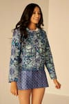 Buy_Betrue_Blue Chanderi Cotton, Silk Embroidery Geometric Pattern Jacket And Short Skirt Set _at_Aza_Fashions