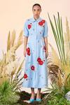 Buy_Shahin Mannan_Blue Double Crepe Blooming Flowers Button Down Dress_at_Aza_Fashions