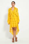 Buy_Style Junkiie_Yellow Checkered Shirt Collar Asymmetric Wrap Dress  _at_Aza_Fashions