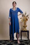 Buy_Bhusattva_Blue Organic Silk Jacquard Asymmetric Hand Embroidered Dress  _at_Aza_Fashions