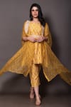 Buy_Vara By Vibha N Priti_Yellow Organza, Silk, Chanderi Geometric Print Cape With Kurta And Pant Set _at_Aza_Fashions