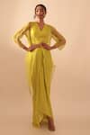 Buy Vanshika Agarwal Label Yellow Organza, Modal, Taffeta Pearls V-neck Neon Jacket And Draped Skirt Set at Aza Fashions Buy_Vanshika Agarwal Label_Yellow Organza, Modal, Taffeta Pearls V-neck Neon Jacket And Draped Skirt Set _at_Aza_Fashions