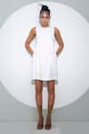 Buy_Pocketful Of Cherrie_White Crepe Plain Round Neck Contrast Piping Detail Dress  _at_Aza_Fashions