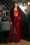 Buy_Priyanka Jain_Red Velvet Lining Shantoon Blazer Lapel Collar And Corset & Pant Set _at_Aza_Fashions