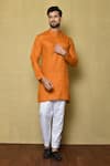 Buy_Aryavir Malhotra_Orange Cotton Silk Plain Short Mandarin Collar Kurta Set _at_Aza_Fashions