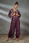 Buy_Aditi Somani_Wine Jumpsuit Silk Suede Hand Embroidered Sequins Jacket Open Pleated With _at_Aza_Fashions