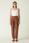 Buy_Payal Pratap_Brown Cupro Linen Printed Floral Kawah Straight Pant  _at_Aza_Fashions