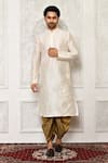 Buy_Arihant Rai Sinha_Brown Dupion Silk Swirl Panelled Pattern Cowl Pant _at_Aza_Fashions