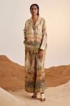 Buy_Cord_Beige Linen Printed Botanical Notched Lapel Shirt And Flared Pant Set For Women_at_Aza_Fashions