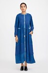Buy_Jayati Goenka_Blue Cotton Handblock Print Checks Band Collar Tiered Panelled Dress _at_Aza_Fashions