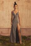 Buy_Shivani Awasty_Silver Poly Blend V Neck Roxanne Strappy Gown  _at_Aza_Fashions