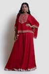 Buy_Brij_Red Spun Silk Embroidered Kanchi Tissue Scalloped Hem Cape And Flared Pant Set _at_Aza_Fashions