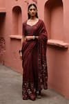 Buy_Deep Thee_Maroon Silk Embroidery Boota Leaf Neck Zardozi Saree With Blouse _at_Aza_Fashions