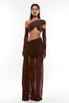 Buy_Deme by Gabriella_Brown Net One Shoulder Ruched Crop Top And Draped Skirt Set_at_Aza_Fashions