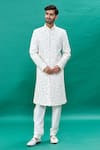 Buy_RNG Safawala_Off White Raw Silk Embroidery Thread And Stone Floral Sherwani Set _at_Aza_Fashions