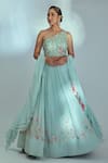 Buy_Suruchi Parakh_Blue Woven Floral Print One Shoulder Sequin Embroidered Flared Lehenga Set _at_Aza_Fashions