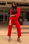 Buy_Couche_Red Punto Woven Plain V Neck Crop Top And High Waisted Pant Set  _at_Aza_Fashions