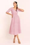 Buy_Pheeta_Pink Cotton Printed Striped Leaf Neck Dress _at_Aza_Fashions