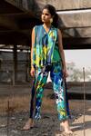 Buy_Pooja-Keyur_Blue Shirt Voil Silk Print Paradise Floral V Neck Top With Pant _at_Aza_Fashions