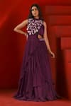 Buy_Isha Gupta Tayal_Wine Georgette Embellished Round Drape Cape And Lehenga Set _at_Aza_Fashions