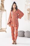 Buy_Chhavvi Aggarwal_Orange Crepe Collared Stripe Print Shirt _at_Aza_Fashions