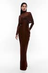 Buy_Deme by Gabriella_Brown Net And Malai Lycra High Neck Draped Gown _at_Aza_Fashions