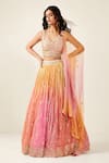 Buy_Basanti - Kapde Aur Koffee_Pink Soft Net Dupatta Print Bandhani V Neck Ombre Effect Lehenga Set _at_Aza_Fashions