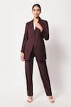 Buy_Soniya G_Wine Suiting Plain Peak Collar Full Sleeve Long Coat And Pant Set _at_Aza_Fashions