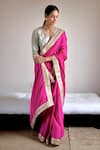 Buy_Shorshe Clothing_Pink Silk Satin Hand Embroidered And Embellished Pearl & Gota Handwoven Saree _at_Aza_Fashions