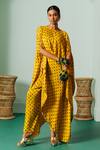 Buy_Prahnaaya_Yellow Satin Sequins, Applique Boat Neck Hand Block Print Kaftan And Slim Pant Set _at_Aza_Fashions