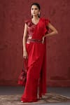 Buy_MINAKI_Red Crepe And Organza Embroidery Sequins V Neck Pre-draped Ruffle Saree Set _at_Aza_Fashions