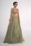 Buy_Merge Design_Green Modal, Satin, Net Sequins, Stones Sweetheart Neck Layered Lehenga Set _at_Aza_Fashions