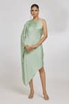 Buy_Amit Aggarwal_Green Hammered Satin Embroidery Cord Asymmetric Draped Dress _at_Aza_Fashions