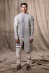 Buy_Shreyansh Designs_Grey Cotton Linen Blend Solid Asymmetric Colorblock Kurta _at_Aza_Fashions