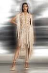Buy_Abhishek Sharma_Pink Net, Crepe Beads, Fringe High Neck Yarn Draped Dress _at_Aza_Fashions