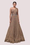 Buy_Onaya_Beige Georgette Printed And Embellished Geometric Pleated Gown  _at_Aza_Fashions