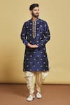 Buy_Arihant Rai Sinha_Blue Silk Embroidery Thread Lotus Kurta And Dhoti Pant Set _at_Aza_Fashions