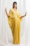 Buy_Seema Thukral_Yellow Chiffon Placement Hand Embroidery Pearls V Neck Cowl Kaftan _at_Aza_Fashions