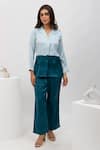 Buy_Dawn And Dusk_Blue Satin Collared Neck Magic Dual Tone Shirt And Pant Set _at_Aza_Fashions