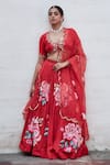 Buy_NEHA SAXENA_Red Modal Silk Hand Painted Rose Embroidered Blouse Lehenga Set  _at_Aza_Fashions