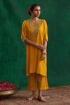 Buy_Rekha Agra_Yellow Crinkled Cotton Silk Polka Dots Hand Block Print Kimono And Pant Set _at_Aza_Fashions