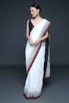 Buy_Sanjev Marwaaha_Ivory Chanderi Printed Geometric V Neck Block Saree With Blouse _at_Aza_Fashions