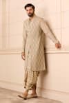 Buy_Tarun Tahiliani_Beige Dhoti  Heavy Brocade Textured Geometric Sherwani And Pant Set _at_Aza_Fashions