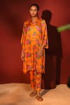 Buy_Shetab Kazmi_Orange Modal, Satin Collared Floral Digital Print Shirt And Pant Set _at_Aza_Fashions