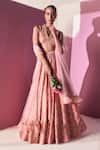 Buy_Ridhi Mehra_Pink Blouse And Lehenga Raw Silk Printed Floral V Lail Flower Set  _at_Aza_Fashions