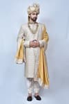 Buy_Arihant Rai Sinha_Beige Silk Blend Embroidery Thread Sherwani Set With Dupatta _at_Aza_Fashions