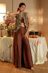 Buy_Nehha Nhata_Brown Satin Embroidery Open , Round Ruffle Jacket And Flap Pant Set _at_Aza_Fashions