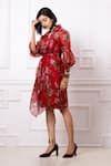 Buy_Megha Garg_Red Organza Printed Floral Collared Neck Jacket And Dress Set _at_Aza_Fashions