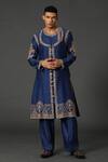Buy_Rar Studio_Blue Chanderi Handloom (50%silk X 50%cotton) Angrakha Jacket Kurta Set _at_Aza_Fashions