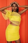 Buy_July Issue_Yellow Organza Design Lo One Shoulder Balloon Sleeve Dress _at_Aza_Fashions